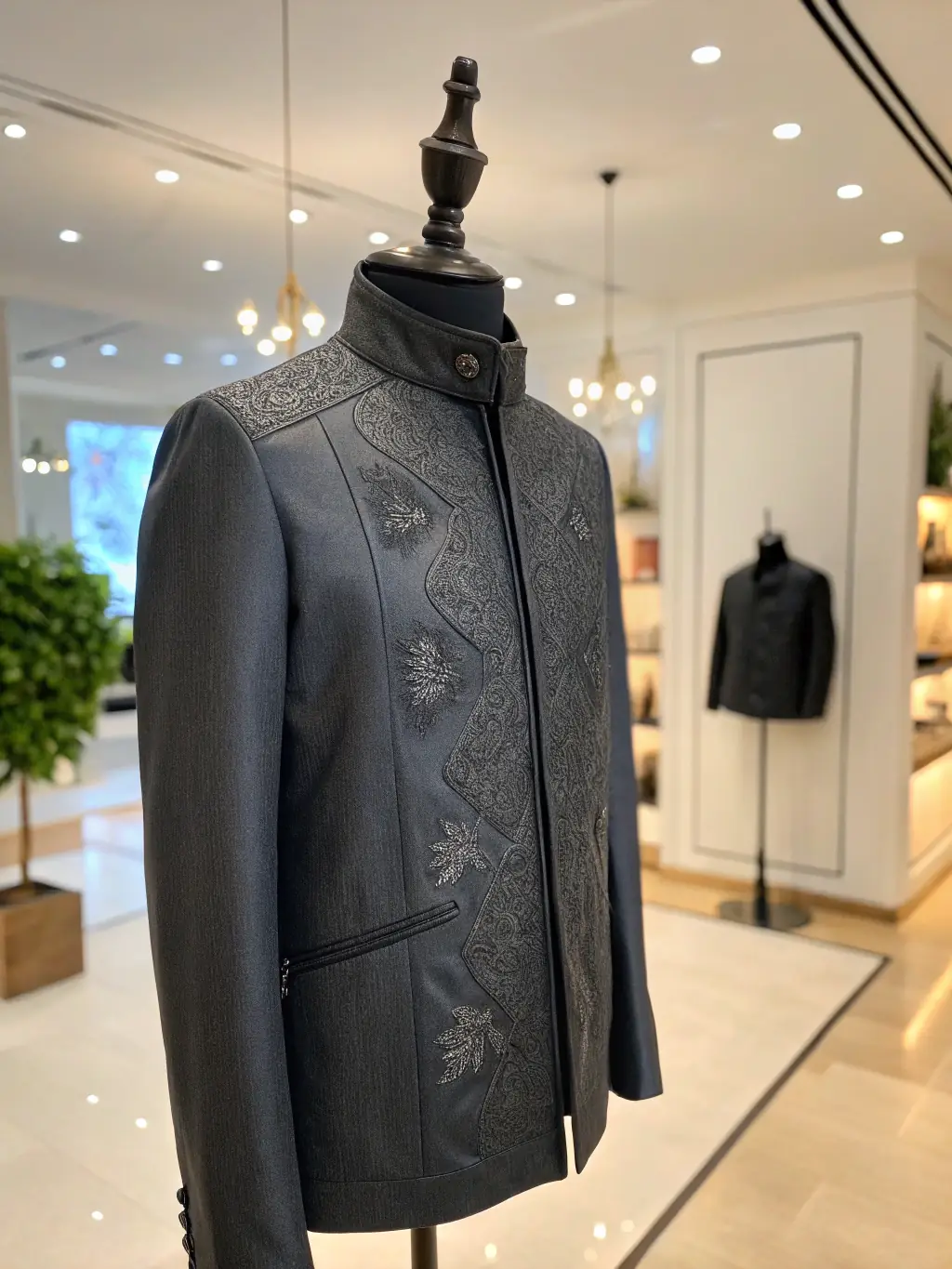 Image of the Aerospace-Grade Bomber Jacket from the Artisan Threads collection, highlighting its sleek design and advanced materials. The jacket is displayed on a mannequin in a modern setting, showcasing its versatility and style.