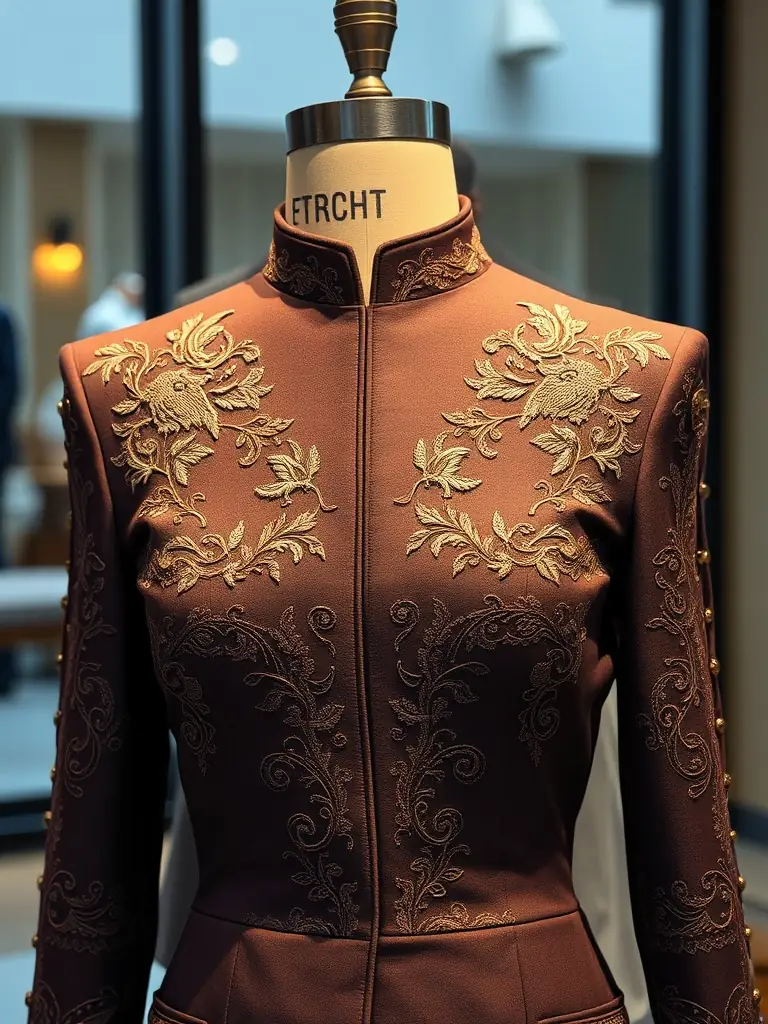 A photograph showcasing the Eastern tailoring techniques used in the Artisan Threads collection, highlighting the precision and artistry involved. The image captures the intricate details of the garment's construction.