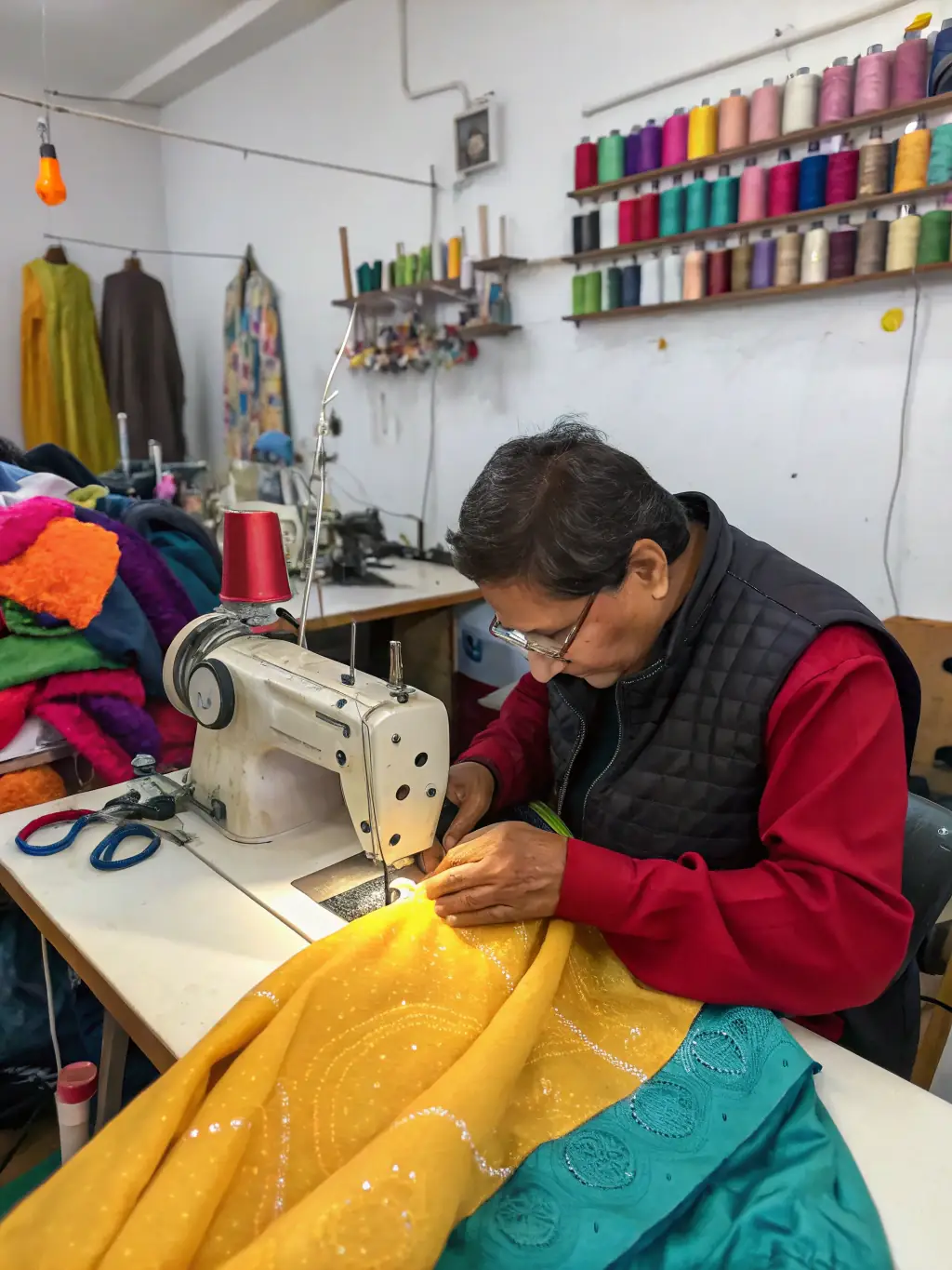 Close-up shot of a skilled artisan hand-stitching a garment from the Artisan Threads collection, showcasing the meticulous detail and care involved in the process. The focus is on the hands and the fabric, highlighting the human touch.